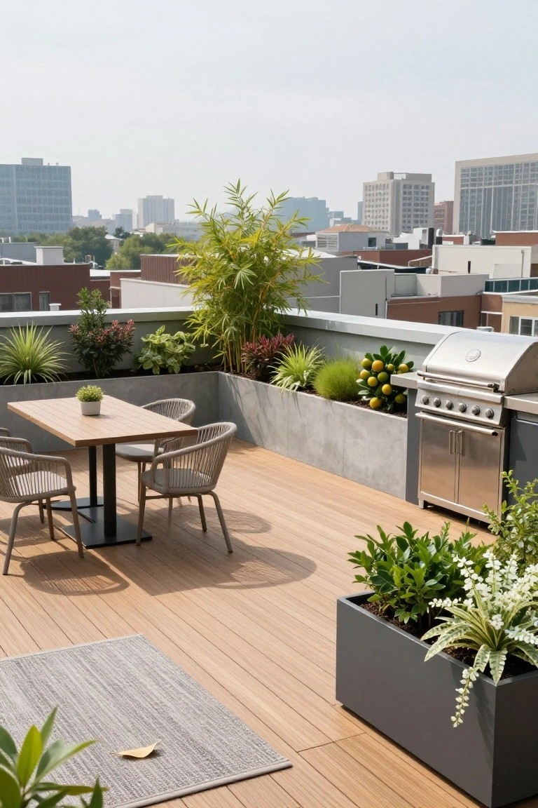 Rooftop deck with light wood flooring, rectangular teak dining table and four rattan chairs, stainless steel built-in grill, and tall concrete raised planters filled with bamboo, grasses, and other green plants along the edges, city skyline in background.