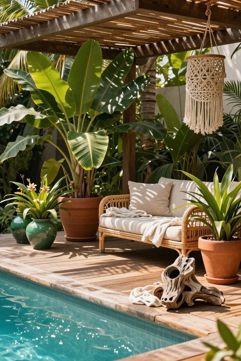 Wooden pool deck beside turquoise pool water holds a cushioned rattan loveseat with throw blanket, surrounded by large potted banana plants, orchids, agaves in green and terracotta pots, macrame lantern hanging from pergola above.