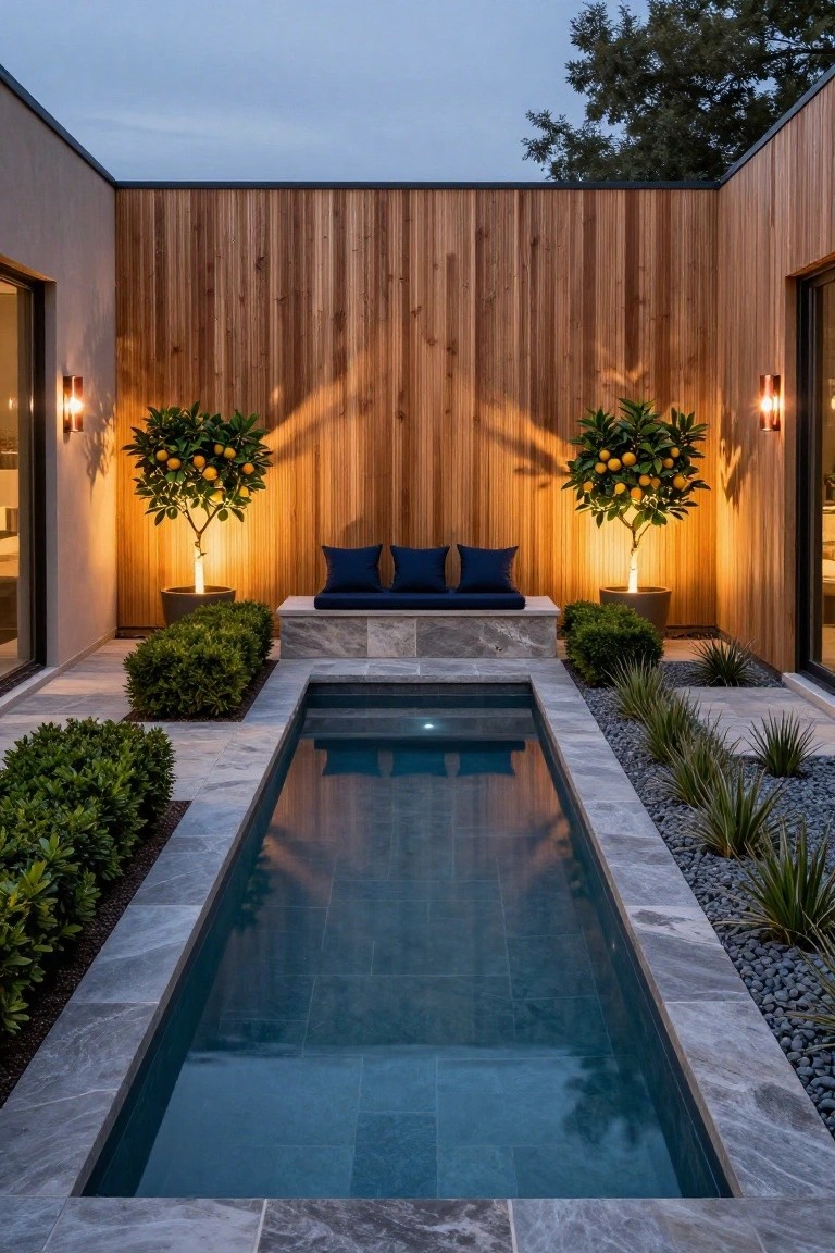 Narrow inground pool surrounded by gray stone tiles in a wooden-fenced courtyard, with a raised stone bench topped by blue cushions between two lit potted orange trees, flanked by boxwood shrubs and gravel beds.