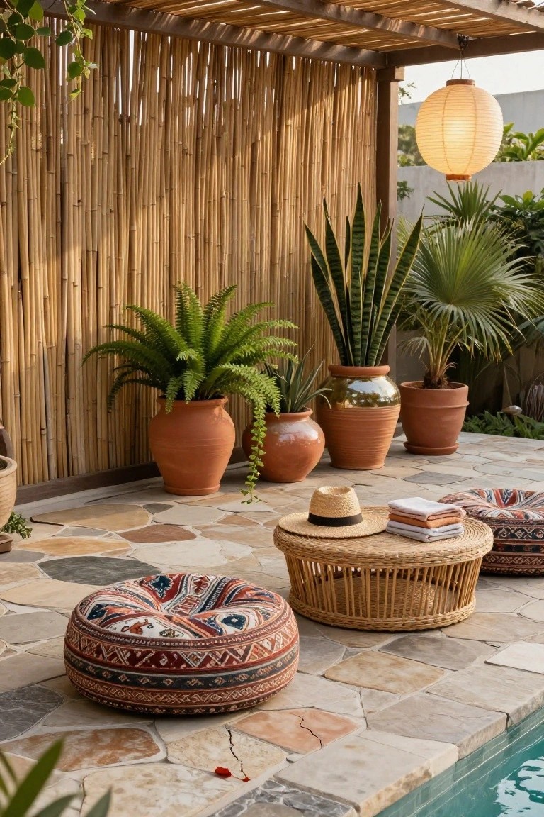 Pool deck area with bamboo fencing, hanging paper lantern, large terracotta pots holding ferns snake plants and palms, colorful patterned poufs, low rattan table topped with straw hat towels and books, pebble flooring adjacent to swimming pool
