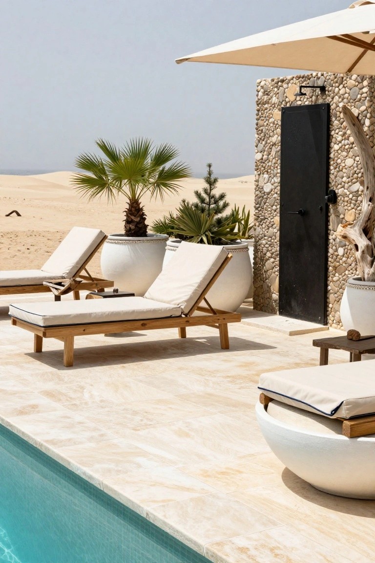Pool deck with beige travertine tiles, wooden lounge chairs with white cushions, large white pots holding palm trees and other plants, pebble stone wall with black door and outdoor shower, beige umbrella, and turquoise pool water against desert dunes.