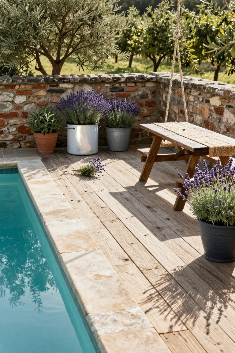 Wooden bench on a pool deck edged in stone, surrounded by multiple potted lavender plants in metal buckets and terracotta pots, with scattered lavender stems on the decking and a stone wall with olive trees behind.