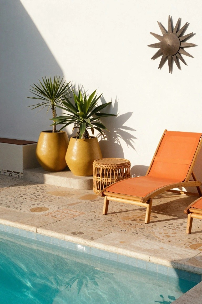 Orange lounge chair by pool with potted plants and sun wall decor.
