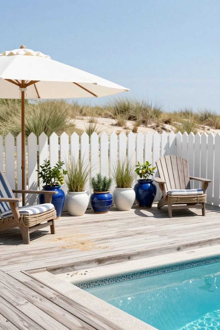 Wooden pool deck with two Adirondack chairs cushioned in blue and white stripes and tan weaves, surrounded by blue and white ceramic pots of lemon trees, grasses, and palms, white beach umbrella, white picket fence, sand, dunes, and turquoise pool edge.