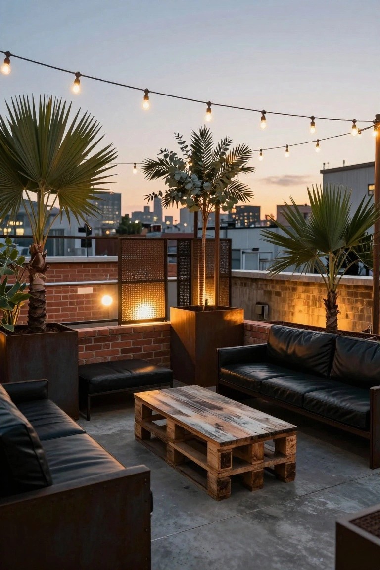 Rooftop terrace with black leather sofas and ottoman around a wooden pallet coffee table, large potted palm trees and other plants, metal screens, string lights, and wall lanterns at dusk with city buildings in the background.