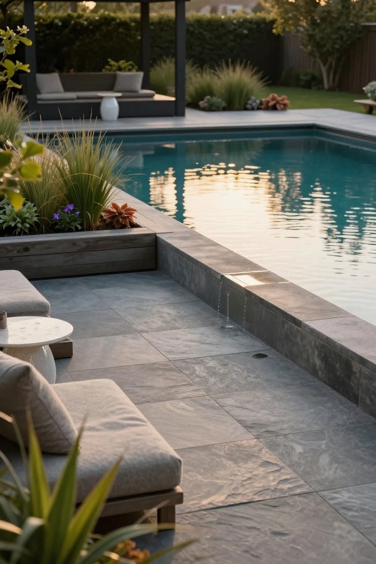 Pool deck with low gray lounge chairs, white side table, tall potted grasses and plants along the dark stone edge, turquoise pool water with edge overflow, and pergola structure in the background.