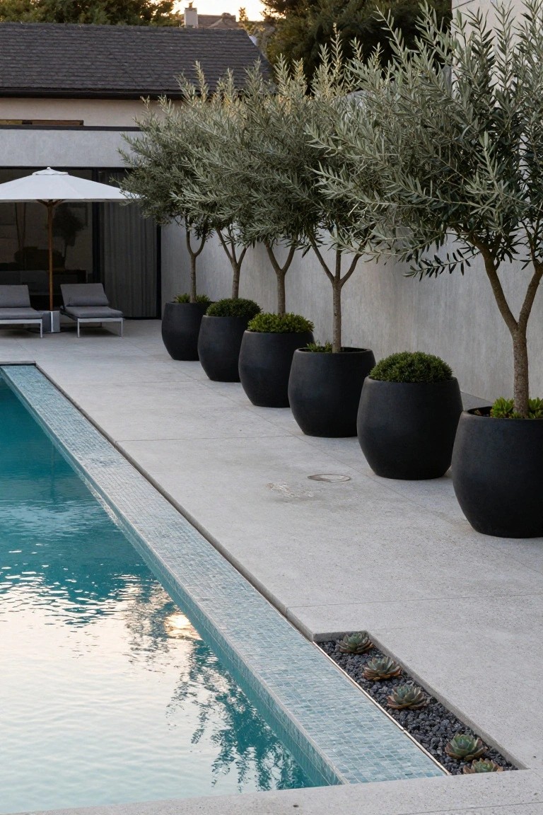 Pool deck alongside a turquoise pool, lined with large black bulbous pots containing olive trees and smaller plants, lounge chairs under a white umbrella nearby, concrete decking with succulent planter at pool edge.