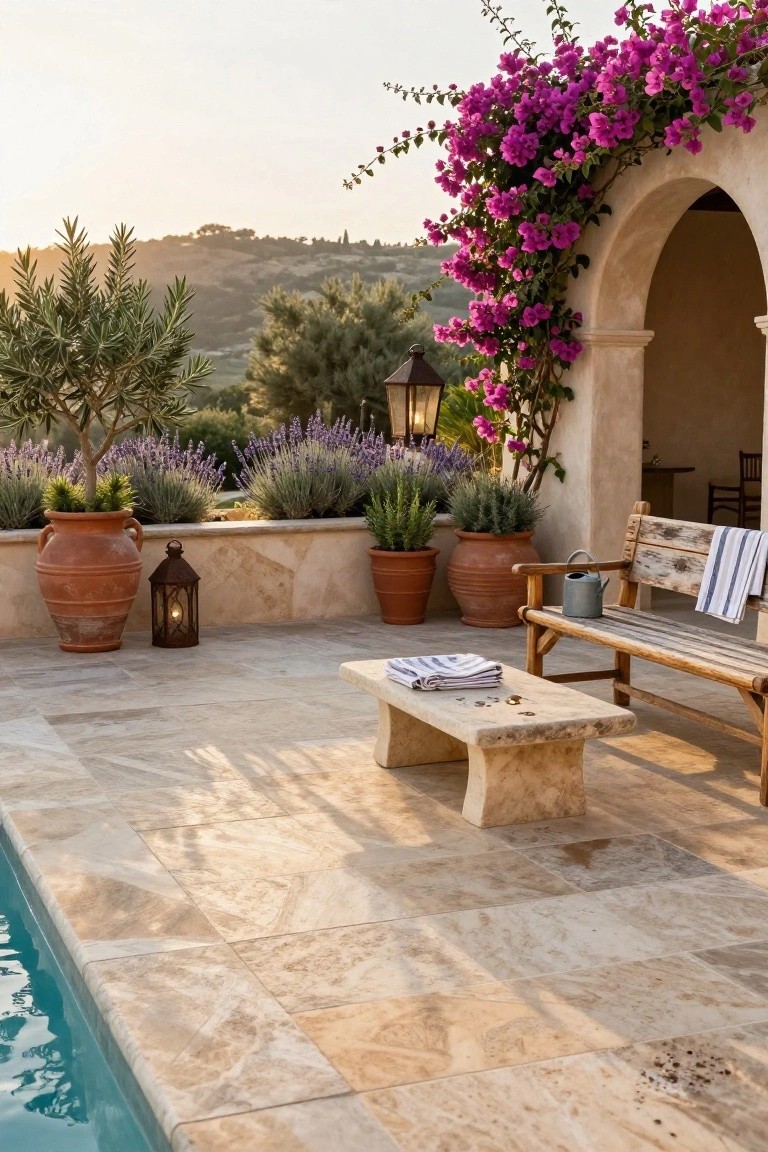 Pool deck with large terracotta pots of olive trees and lavender along the edge, wooden bench with towels, low stone table with linens and coins, lanterns, bougainvillea-covered archway, and distant hillside view at sunset.