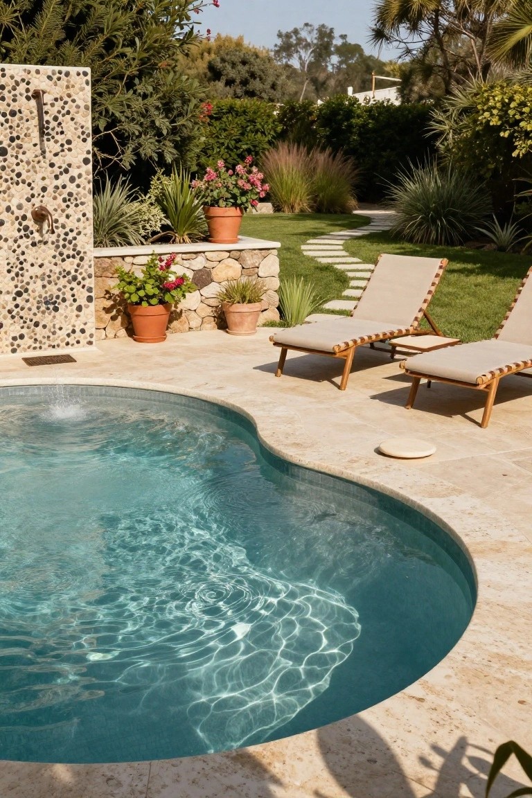 21 Modern Outdoor Inground Pool Concepts For A Designer Feel Curved turquoise inground pool with travertine decking, two beige cushioned wooden loungers, potted plants, pebble outdoor shower wall, and surrounding greenery.