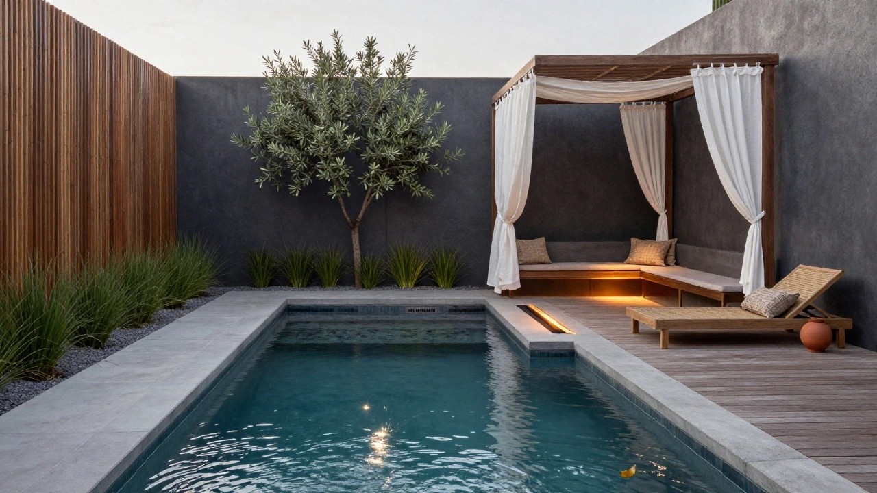 Narrow inground pool with turquoise water in a modern courtyard featuring wood decking, two loungers, potted plants, pebble edging, white curtains, and vertical wood screens on dark walls.