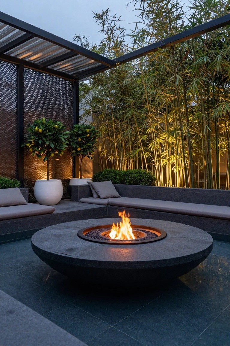 21 Modern Outdoor Inground Pool Concepts For A Designer Feel Modern outdoor patio with central round black stone fire pit, surrounding built-in gray cushioned benches, white potted lemon trees, bamboo plants behind metal screens, and dark tiled flooring under a slatted metal roof.