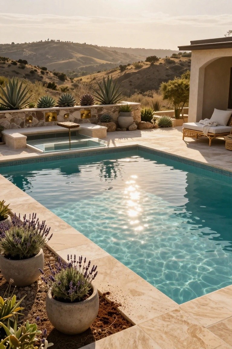 21 Modern Outdoor Inground Pool Concepts For A Designer Feel Rectangular turquoise inground pool with adjacent glass-walled hot tub on travertine deck, flanked by agave plants and lavender pots, set against desert hillside at sunset.