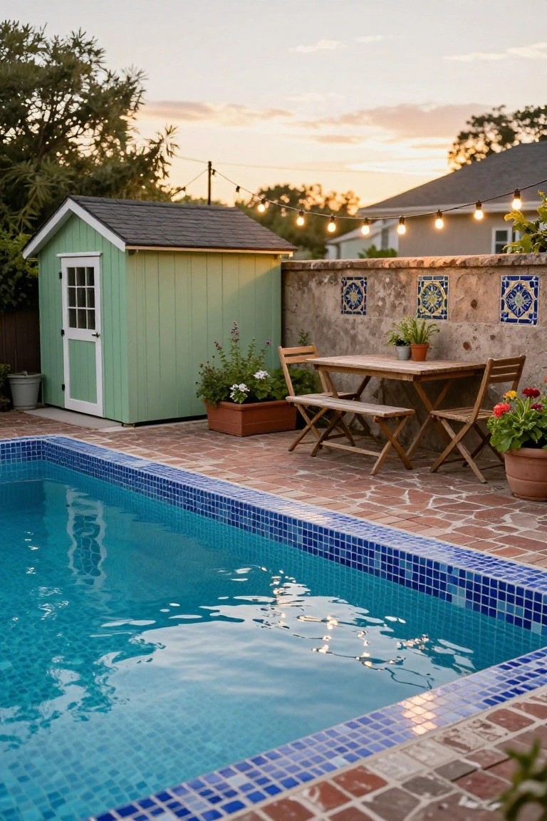Inground swimming pool with bright blue mosaic tile edge bordered by brick pavers, next to a green wooden shed, wooden table with chairs, potted plants, and string lights overhead.