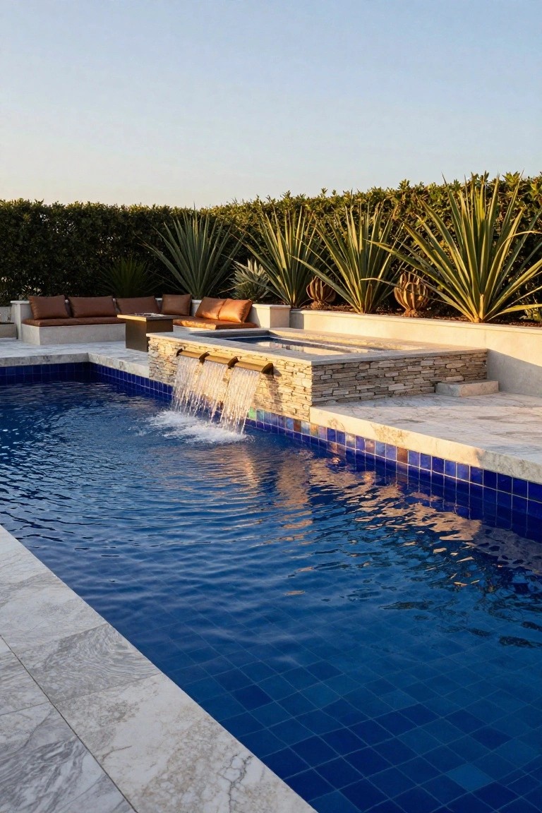 Rectangular inground swimming pool with blue tiles, three streams of water from a stone waterfall, light marble decking, brown cushioned seating, and agave plants along the edge.