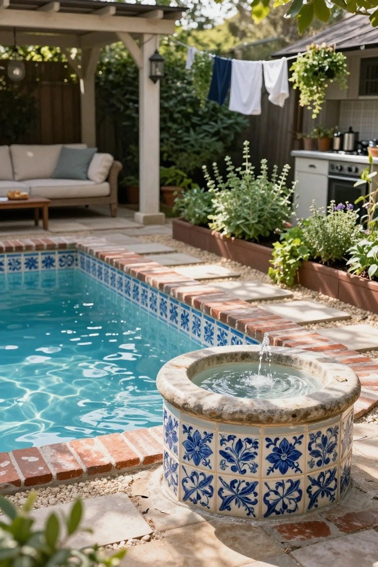 Small inground pool with blue floral tiled interior and edges, brick coping, adjacent stone fountain base covered in matching blue tiles, surrounded by pavers, raised garden beds with herbs, pergola seating area, and outdoor kitchen.
