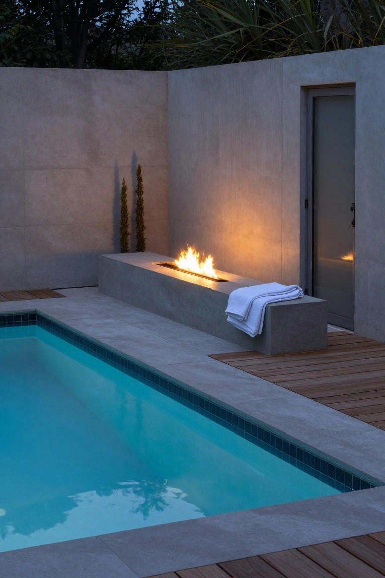 Inground pool with dark tiled edges and light blue-green water, adjacent concrete bench featuring a linear gas fire pit with yellow-orange flames, white towel on bench, wood deck accents, concrete walls, potted cypress trees, and evening lighting.