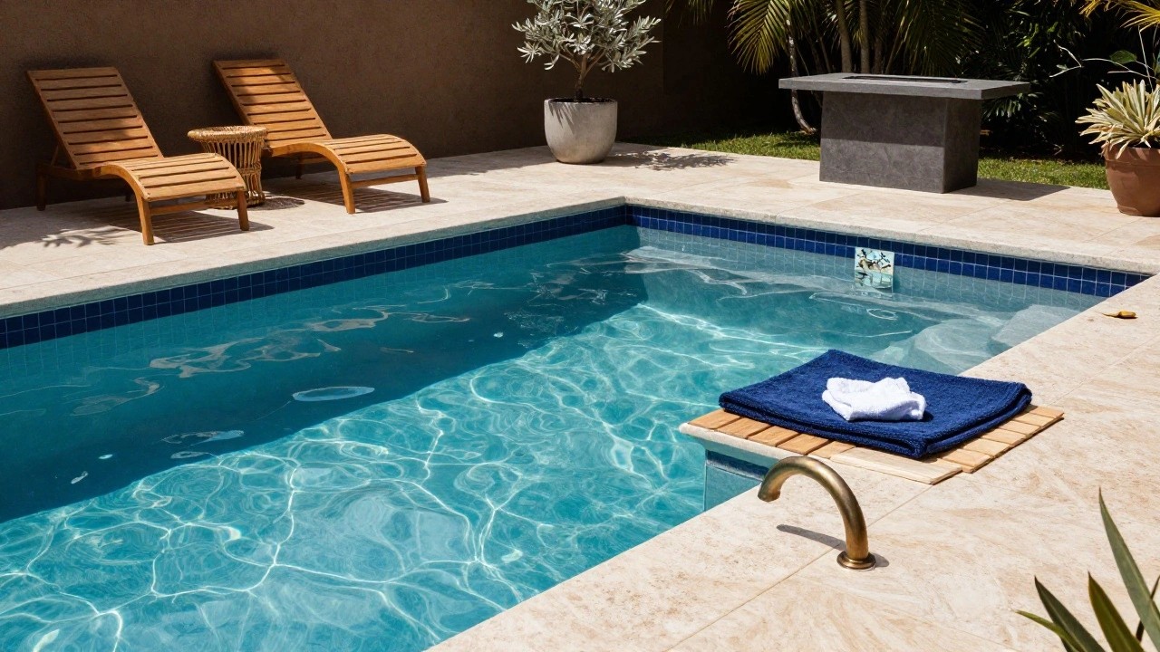 Gray veined stone-look deck tiles surrounding a turquoise mosaic inground pool, with a gray concrete fire pit, beige lounger chair, rattan side table, white towel, olive tree in pot, and palm trees in the background.