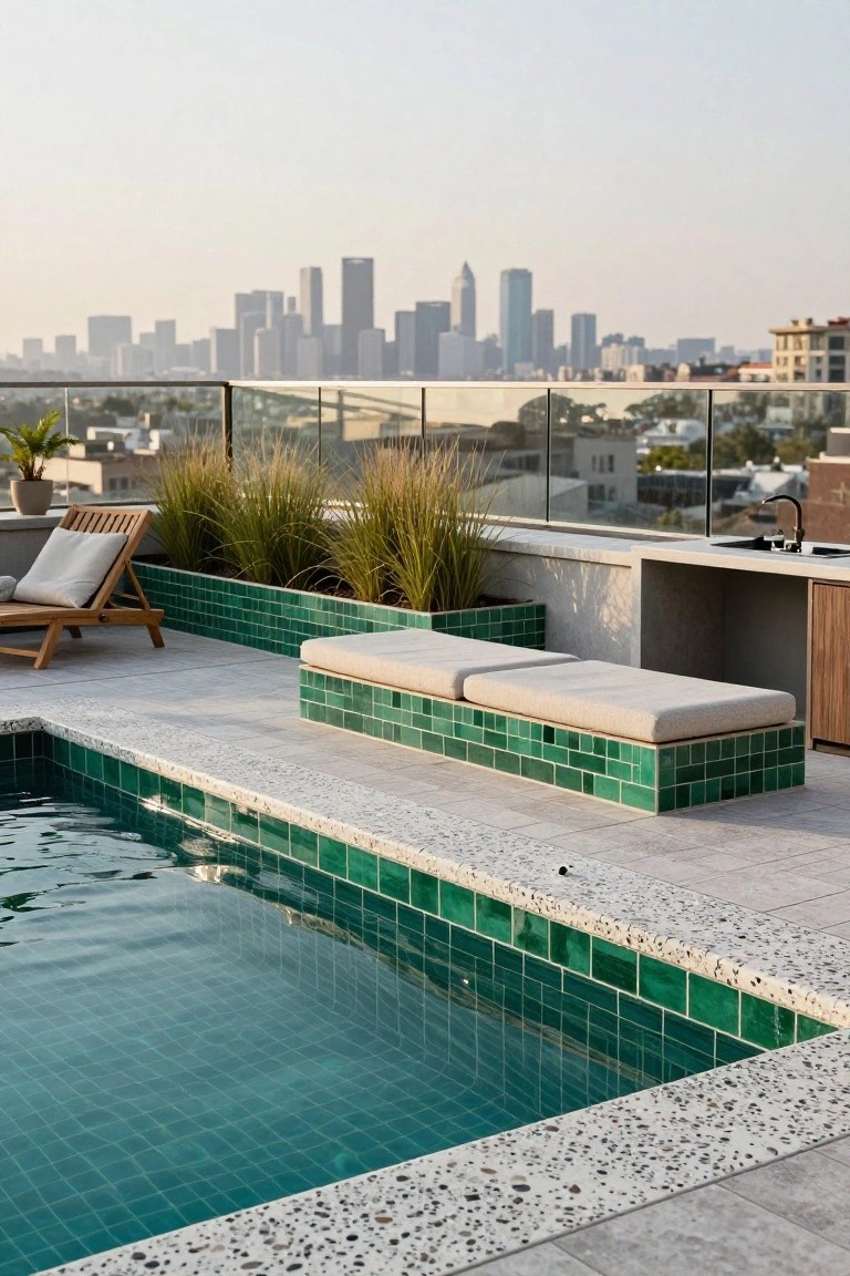 Rooftop pool with green mosaic tiles on edges and built-in benches topped with white cushions, a teak lounger nearby, potted grasses, an outdoor kitchen, glass railing, and city skyline view.