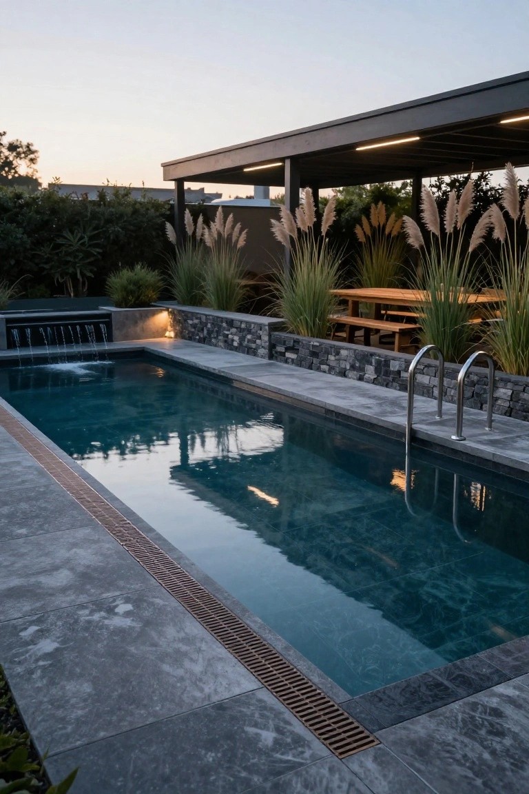Inground pool with turquoise water and grey veined tiles on the deck, featuring a linear metal grate drain along the edge, stone walls, pampas grass plants, wooden picnic table and benches under a covered pergola at dusk.
