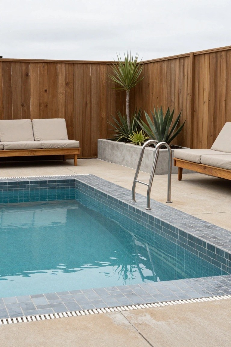 Small inground pool with dark blue mosaic tile edges and stainless steel ladder, surrounded by beige pavers, wooden lounge chairs, concrete planter with succulents, and wooden fence.