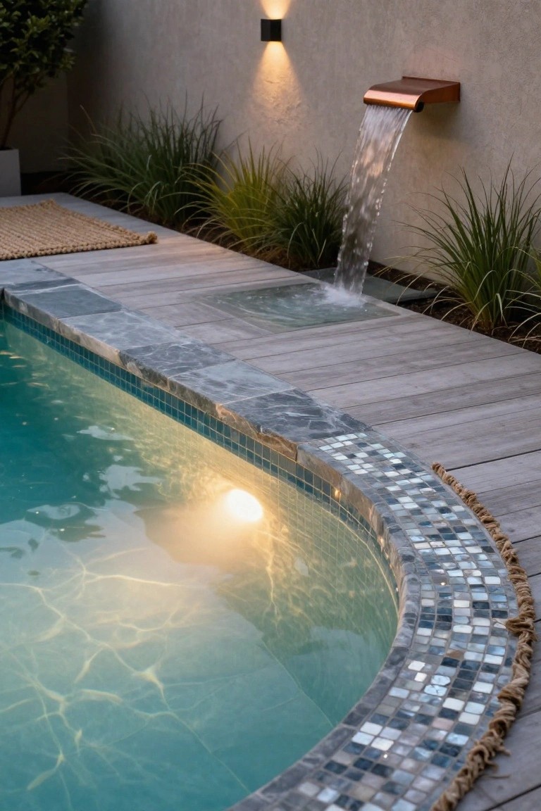 Inground swimming pool with curved edge featuring blue and gray mosaic tiles topped by gray slate coping, adjacent light wood deck with rope trim, copper waterfall on rendered wall, and surrounding plants.