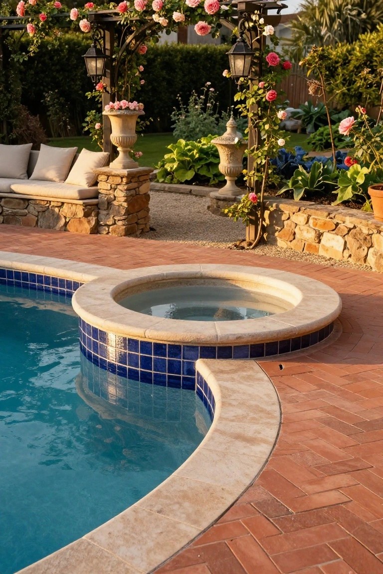 Inground pool with attached circular raised spa featuring blue mosaic tiles on the interior and edge, beige stone coping, brick paver decking, stone bench seating, urn planters, and rose-covered metal arbor with lanterns.
