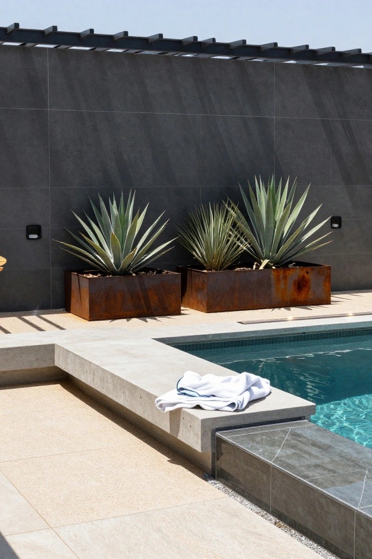 Inground pool with light beige concrete coping overhanging the edge, surrounded by matching beige pavers, two rusty metal planters with agave plants against a dark tiled wall, and a white towel draped on the coping.