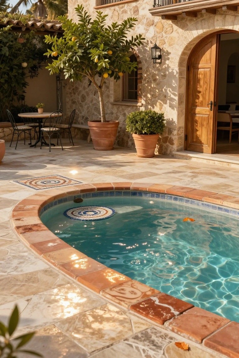 Oval inground pool with blue tiles and central mosaic, terracotta coping edge on travertine patio deck, stone house archway, potted plants, citrus tree, and metal outdoor table with chairs.