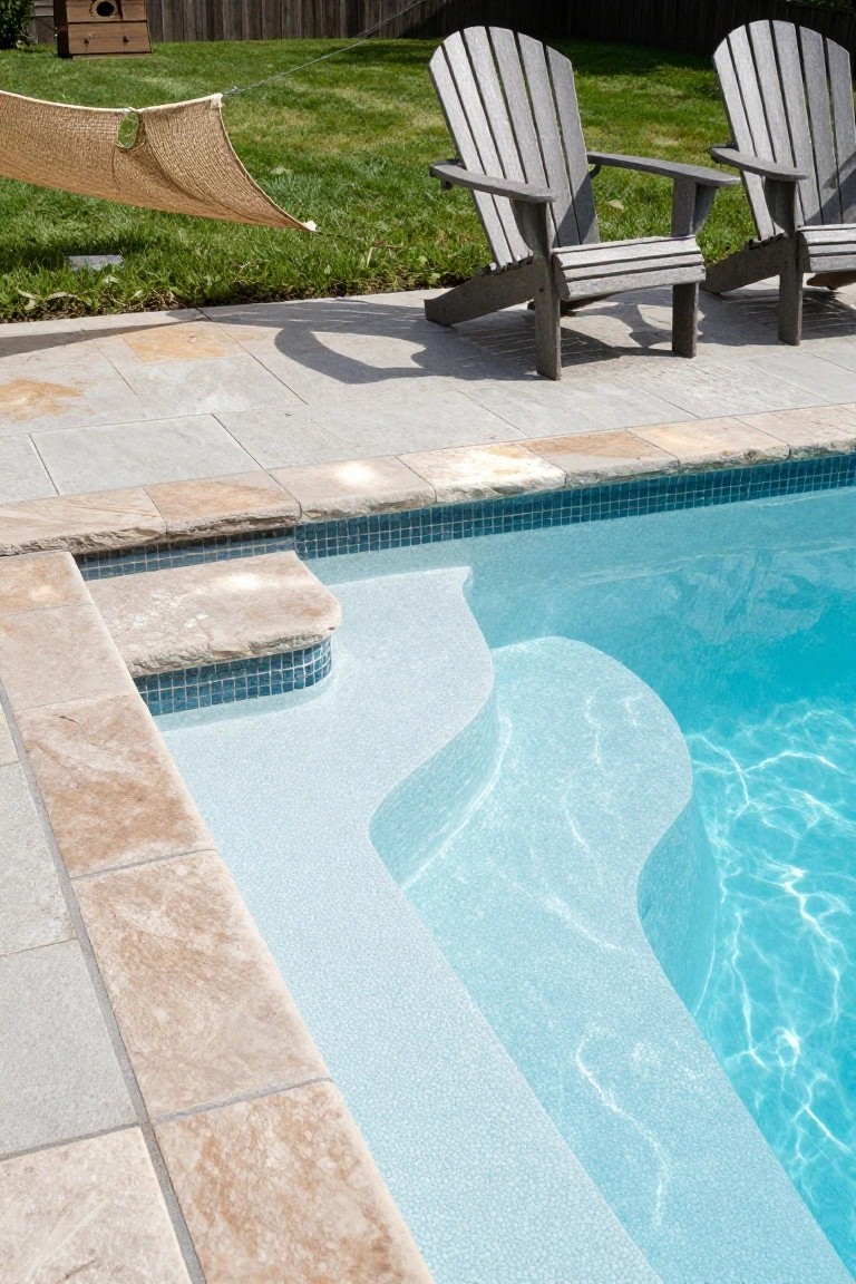 Close-up of an inground pool featuring curved entry steps with light pebble tile surfaces, blue mosaic tile risers, and beige tumbled stone coping along the edge, next to a gray stone patio with Adirondack chairs in the background.