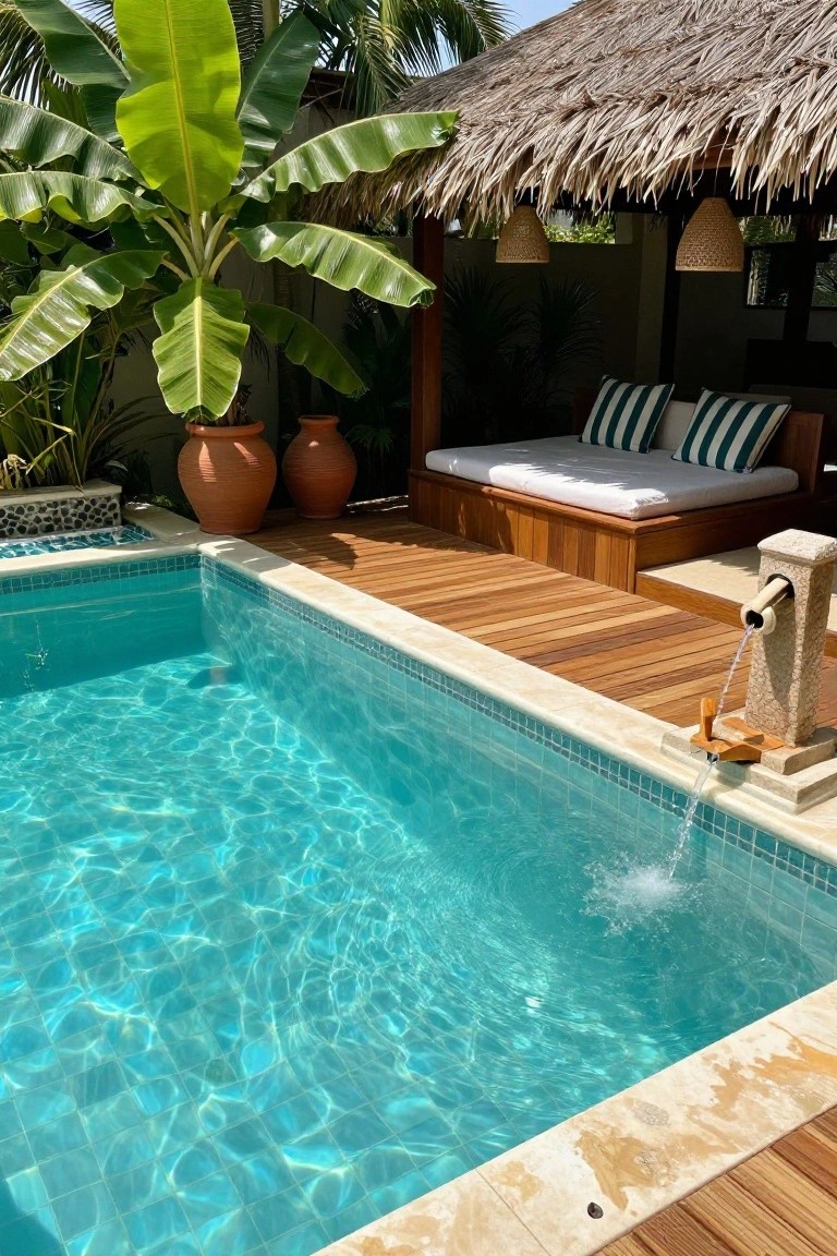 Inground swimming pool with turquoise mosaic tiles, stone coping, wooden deck platform, spillover fountain, elevated daybed under thatched roof pavilion, surrounded by banana plants and terracotta pots.