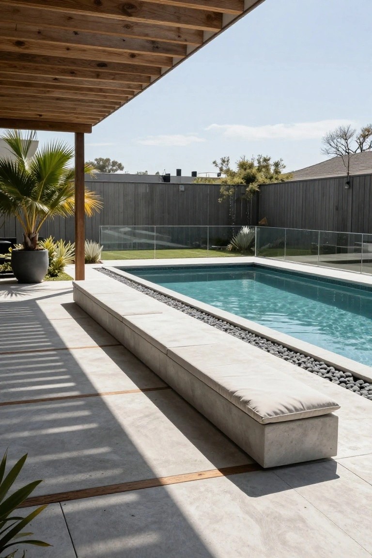 Long gray concrete bench with white cushion along the edge of a turquoise inground pool on a concrete deck, with black pebble border, glass pool fence, potted plants, wooden pergola overhead, and landscaped yard beyond.