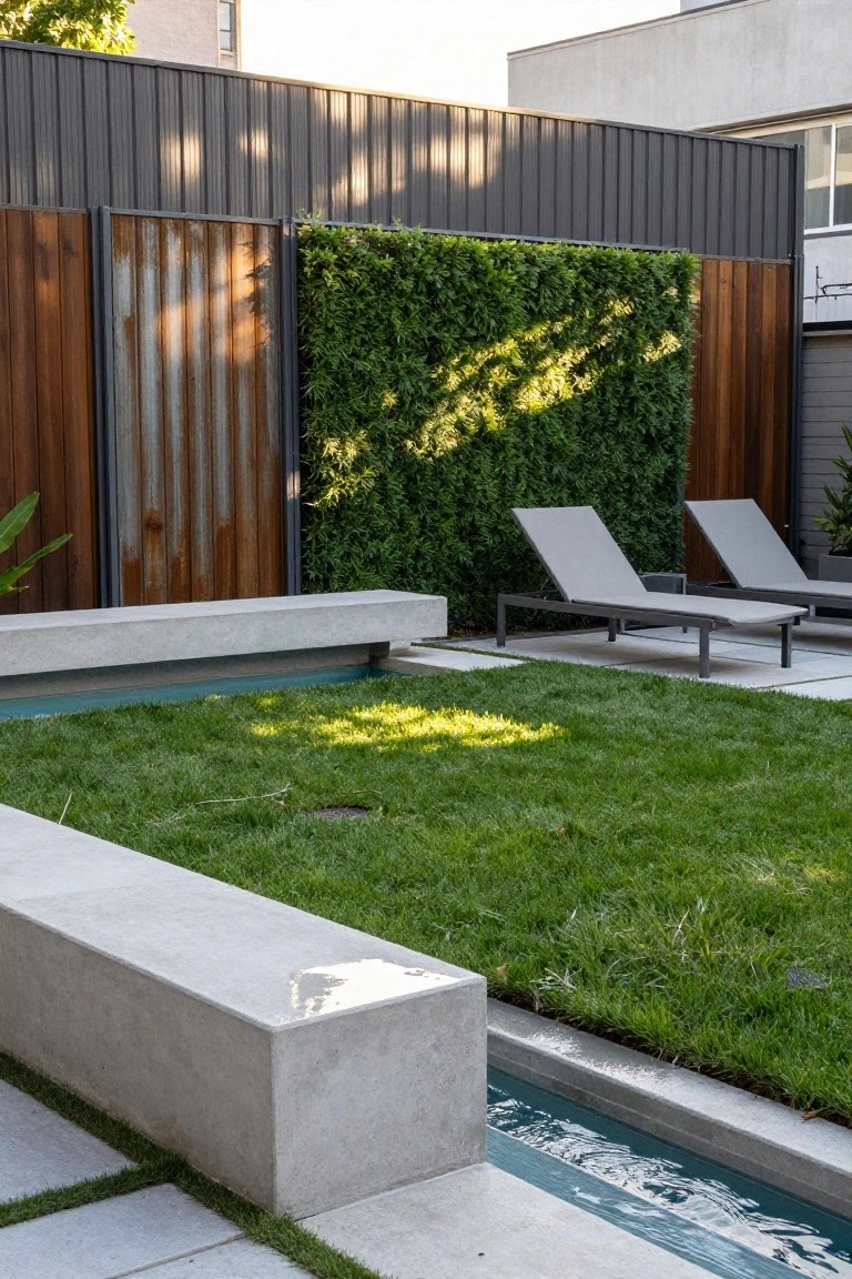 Narrow linear inground pool edged with concrete benches and slabs, adjacent to a grass lawn, lounge chairs, and backyard fences with corrugated metal panels and green hedges.