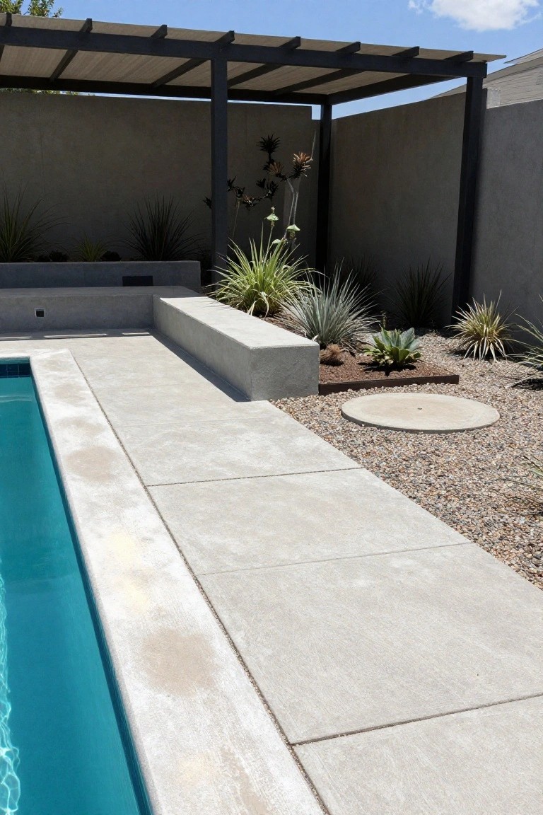 Inground pool with light gray concrete decking and integrated bench seat along the edge, surrounded by gravel mulch, succulents, agave plants, and a wooden pergola shade structure against a stucco wall.