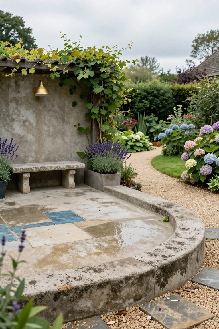 Stone bench on a curved concrete platform surrounded by lavender plants, hydrangeas, vines on a wall, and a gravel garden path under overcast skies.