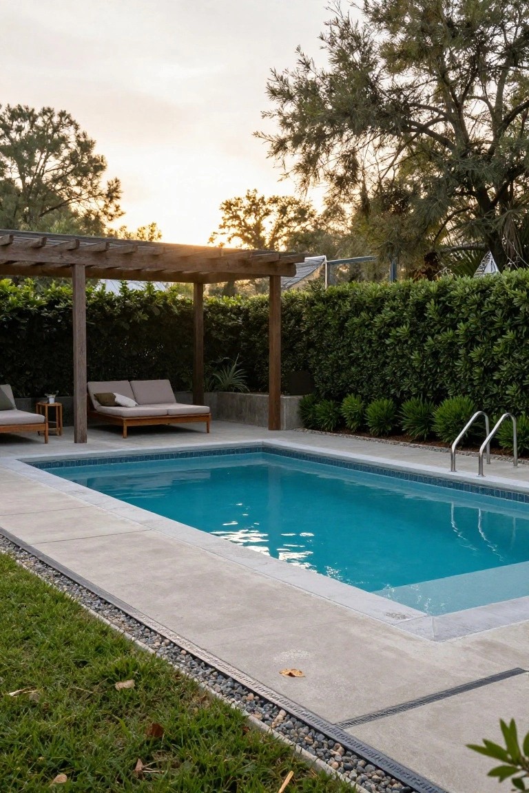 A rectangular inground pool with turquoise water and light gray concrete decking around it, wooden pergola with daybed loungers nearby, hedges for screening, and grass edging.