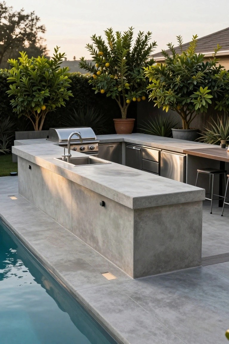 Concrete Outdoor Kitchen Island by the Pool