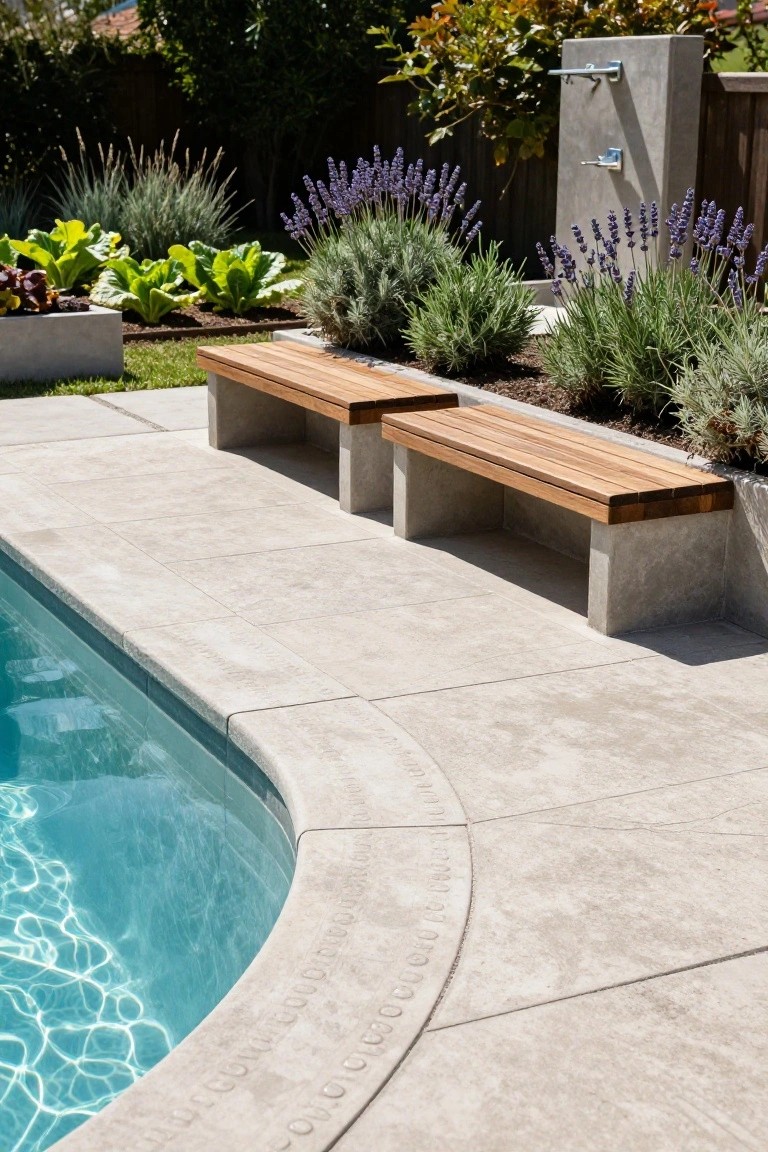 Light gray concrete pool deck with two built-in wooden benches along the edge, surrounded by lavender plants, grasses, and raised garden beds, next to an inground pool and outdoor shower structure.