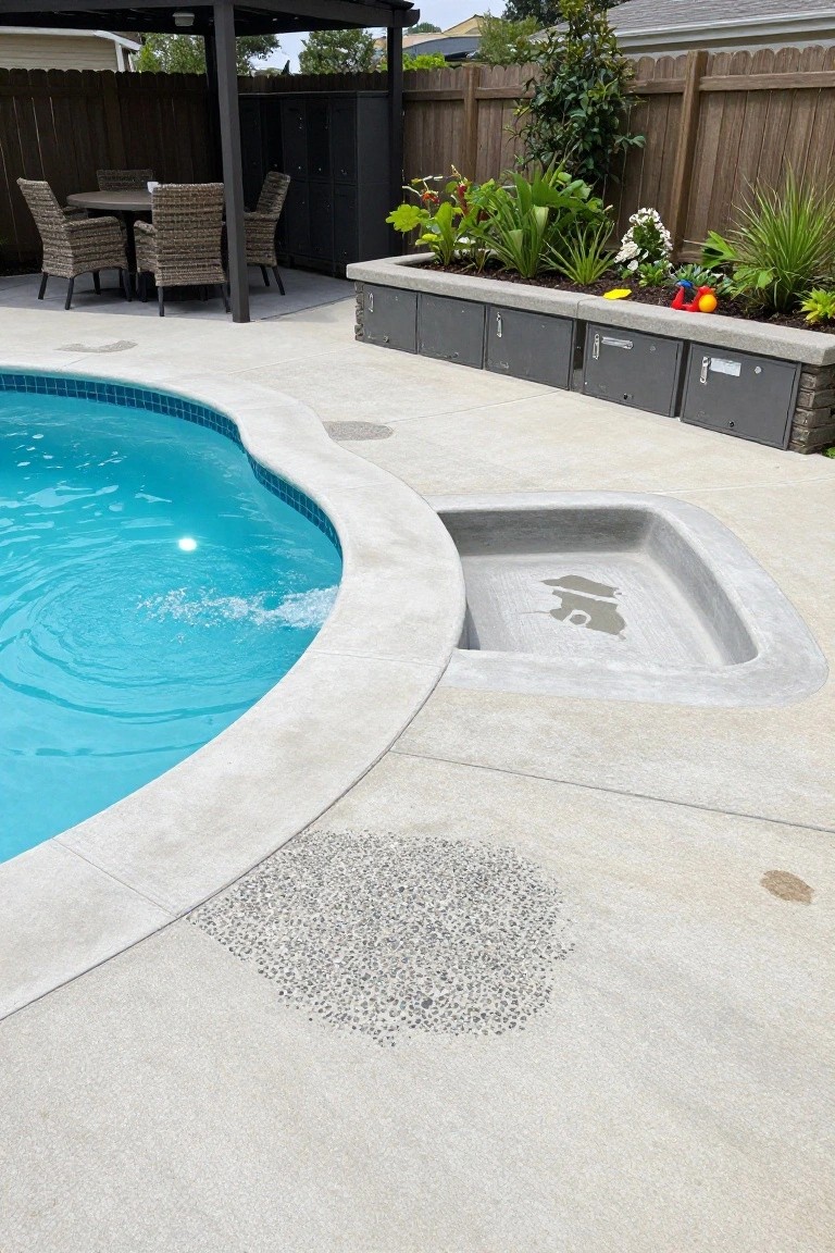Curved inground pool with blue water and spillover spa, surrounded by light gray concrete deck featuring exposed pebble aggregate circles, planters with plants, and nearby outdoor table with chairs.