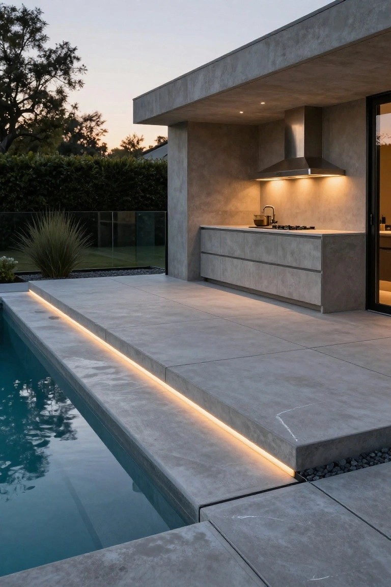 Inground pool with light gray concrete decking featuring recessed LED strip lights along the edge, next to an outdoor concrete kitchen under an overhanging roof at dusk.