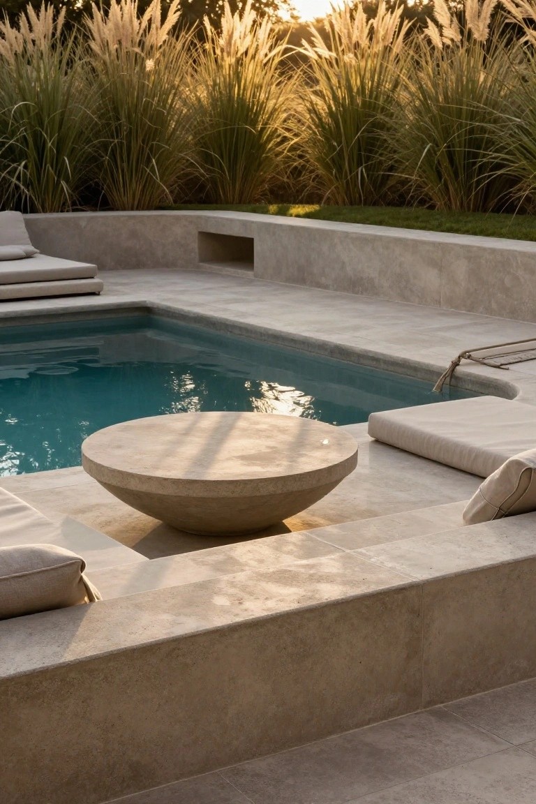 Inground pool with turquoise water edged by light gray concrete deck and walls, round beige stone table, low beige cushions, and tall pampas grass backdrop at sunset.