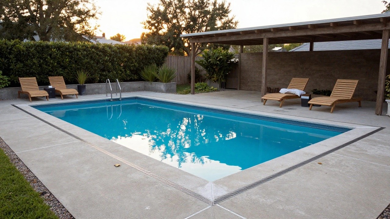 A rectangular inground pool with turquoise water and light gray concrete decking around it, wooden pergola with daybed loungers nearby, hedges for screening, and grass edging.