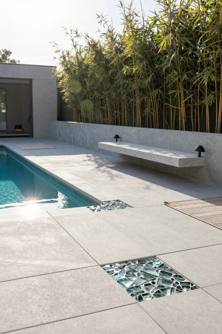 Gray concrete pool deck with a square inset of green glass mosaic fragments near a turquoise inground pool, bamboo privacy screen, concrete bench on a textured wall, and outdoor rug in the foreground.