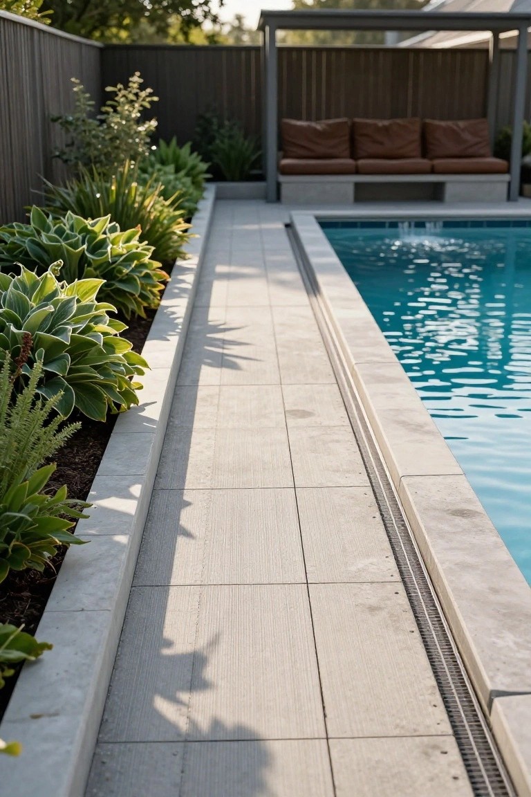 Gray concrete tiled path along the edge of a blue inground pool with lush green plants like hostas and agaves in raised border beds and a narrow metal grate drain at the waterline.
