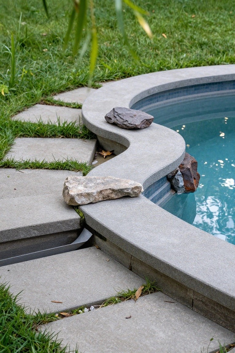 Curved concrete pool coping with natural gray and reddish rocks placed on top, adjacent stone steps and pavers, grass edges, and turquoise pool water.