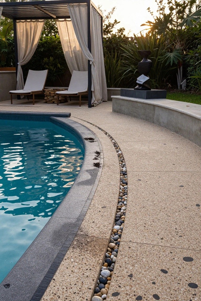 Inground pool with curved edge bordered by a line of small pebbles in light concrete decking, lounge chairs under a fabric-draped metal pergola nearby, and tropical plants plus a sculpture in the background at sunset.