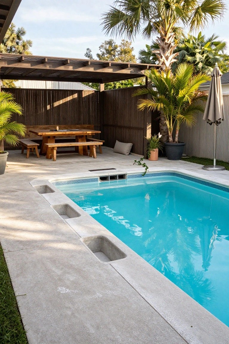 Backyard inground pool with light gray concrete decking featuring three recessed drains along the edge, wooden pergola overhead, dining table and benches nearby, potted plants, palm trees, and privacy fencing.