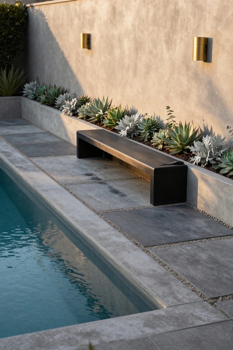 Black bench integrated into raised concrete planters with succulents along the edge of an inground pool with grey tiled decking and pebble accents.