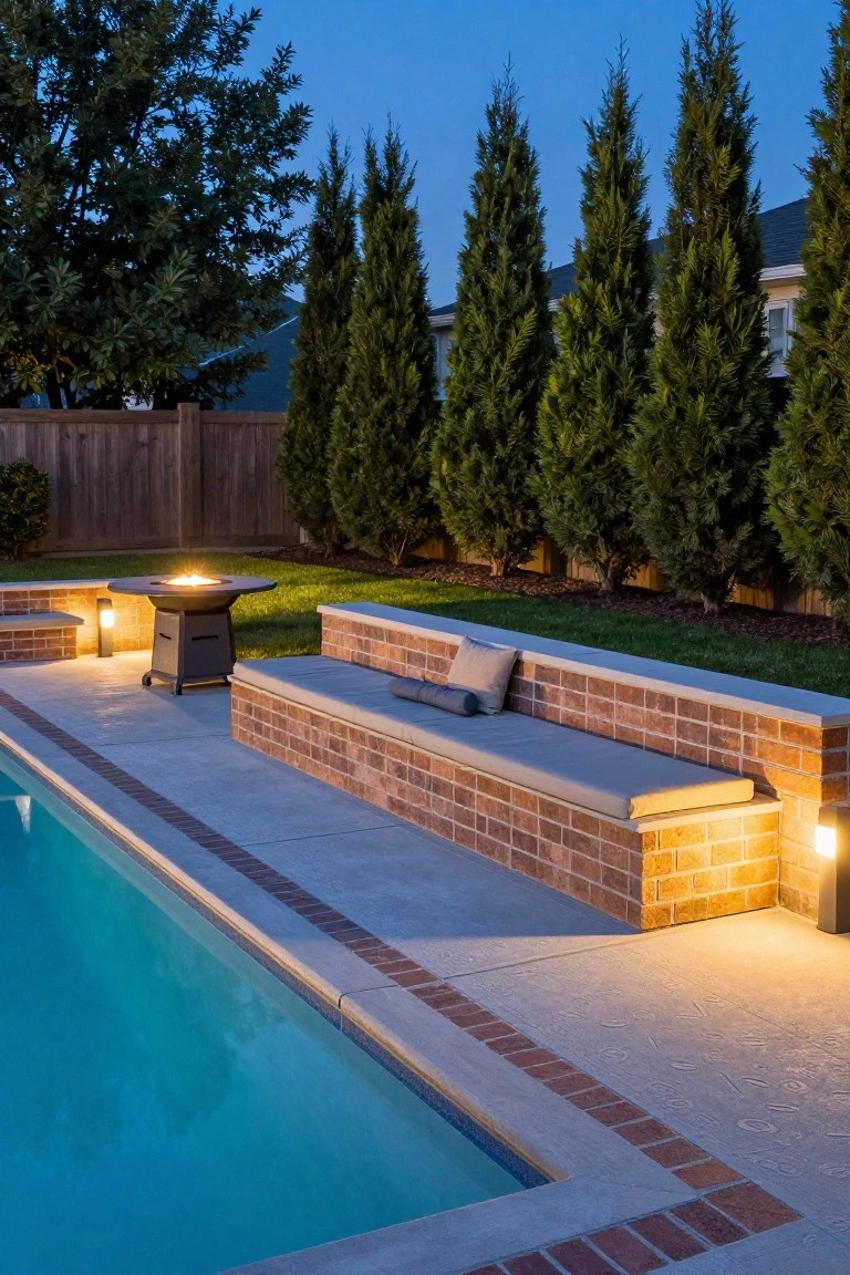 Backyard inground pool with concrete deck, raised brick bench seating with gray cushions, round black fire pit table, and landscape lights next to tall evergreen trees and wooden fence at dusk.