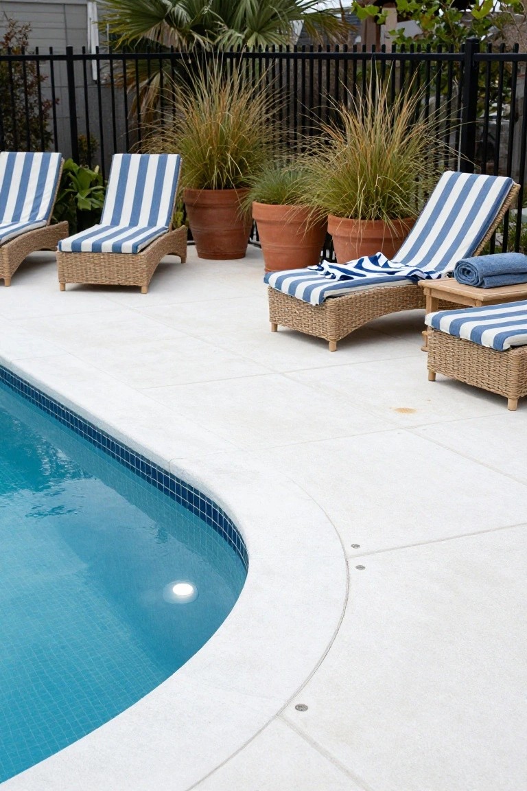 Curved inground pool with turquoise mosaic tiles and smooth white concrete decking edged by rattan lounge chairs with blue-and-white stripes, towels, potted grasses and plants, and black metal fencing in the background.