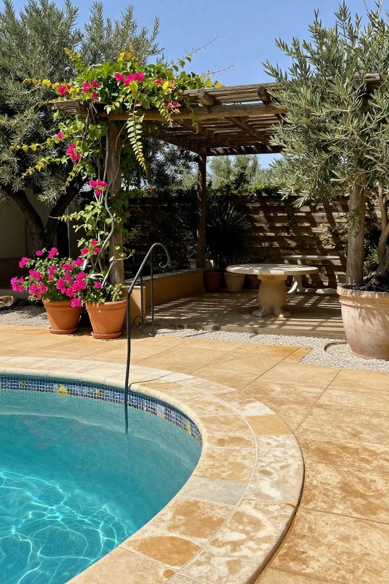 Curved inground pool with turquoise water and blue mosaic edge tiles surrounded by beige stone decking, potted pink bougainvillea plants, olive trees, wooden pergola, and round stone tables on a gravel edge.